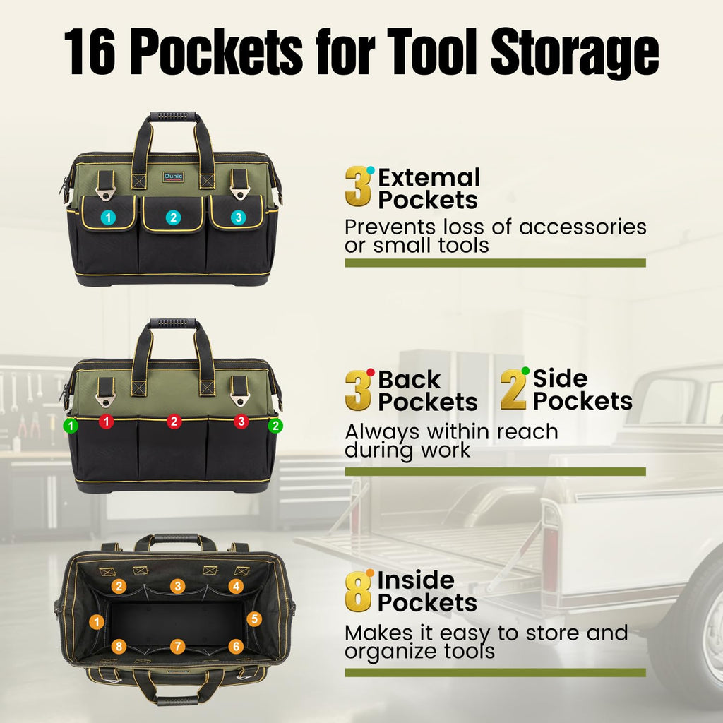 Tool Bag,  18 Inch LarTool Tote Bag Heavy Duty With Waterproof Molded Base, Wide Mouth Tool Box Organizer with Adjustable Shoulder Strap for Electrician Mechanic  Plumbers(Green)