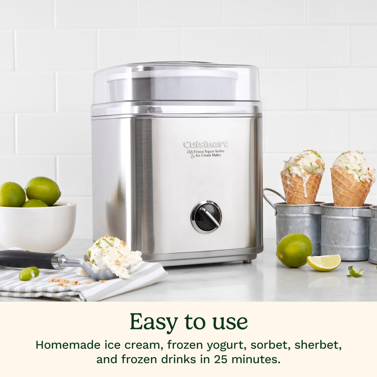 Ice Cream Maker Machine, 2-Quart Ice Cream, Sorbet and Frozen Yogurt Machine, Fully Automatic Double-Insulated Freezer Bowl Makes Frozen Desserts in Under 30 Minutes, ICE30BCP1, Silver