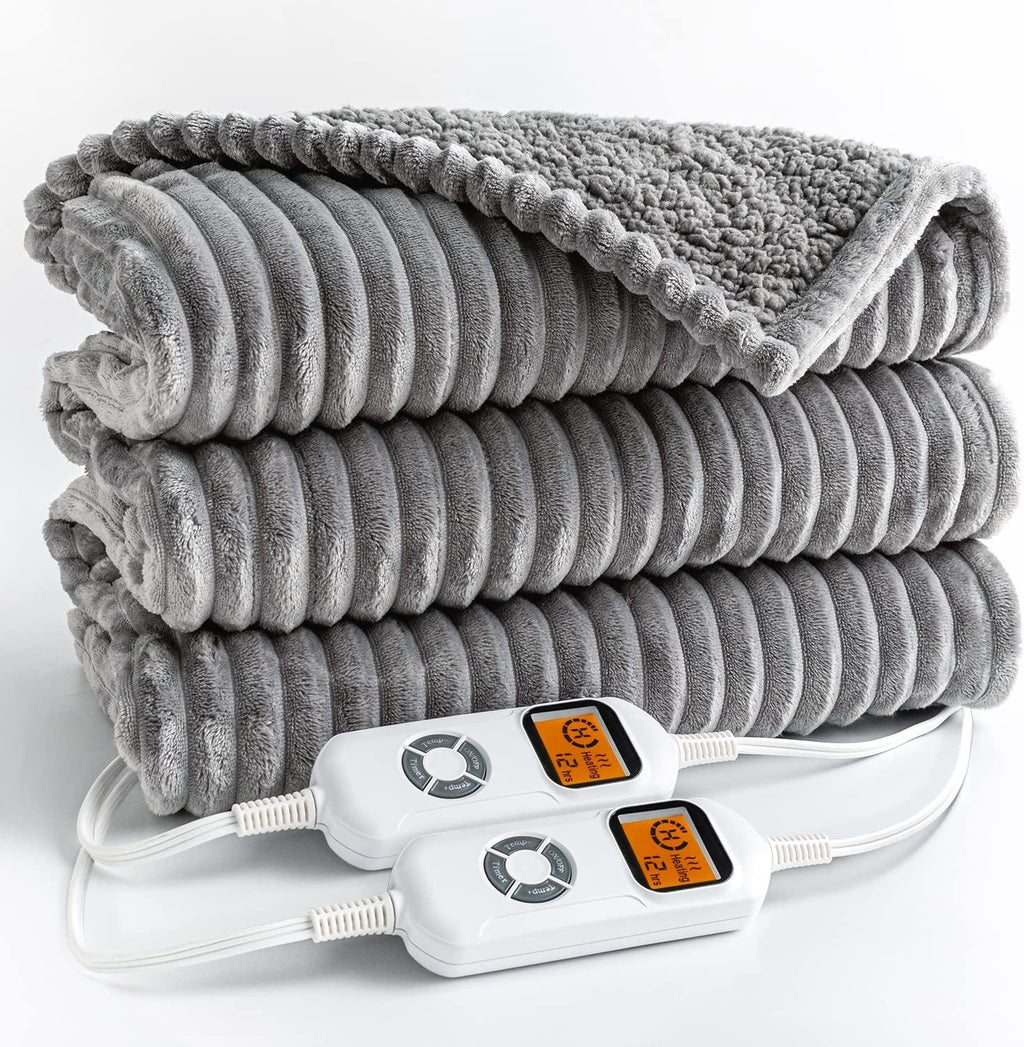 Electric Blanket Queen Size 84x90 inches,  Sherpa Heated Blanket Queen Size with 10 Heating Levels &amp; 12hrs Auto-Off Timer, Soft Warm Thick Ribbed Fleece Heating Blanket Dual Control, Grey