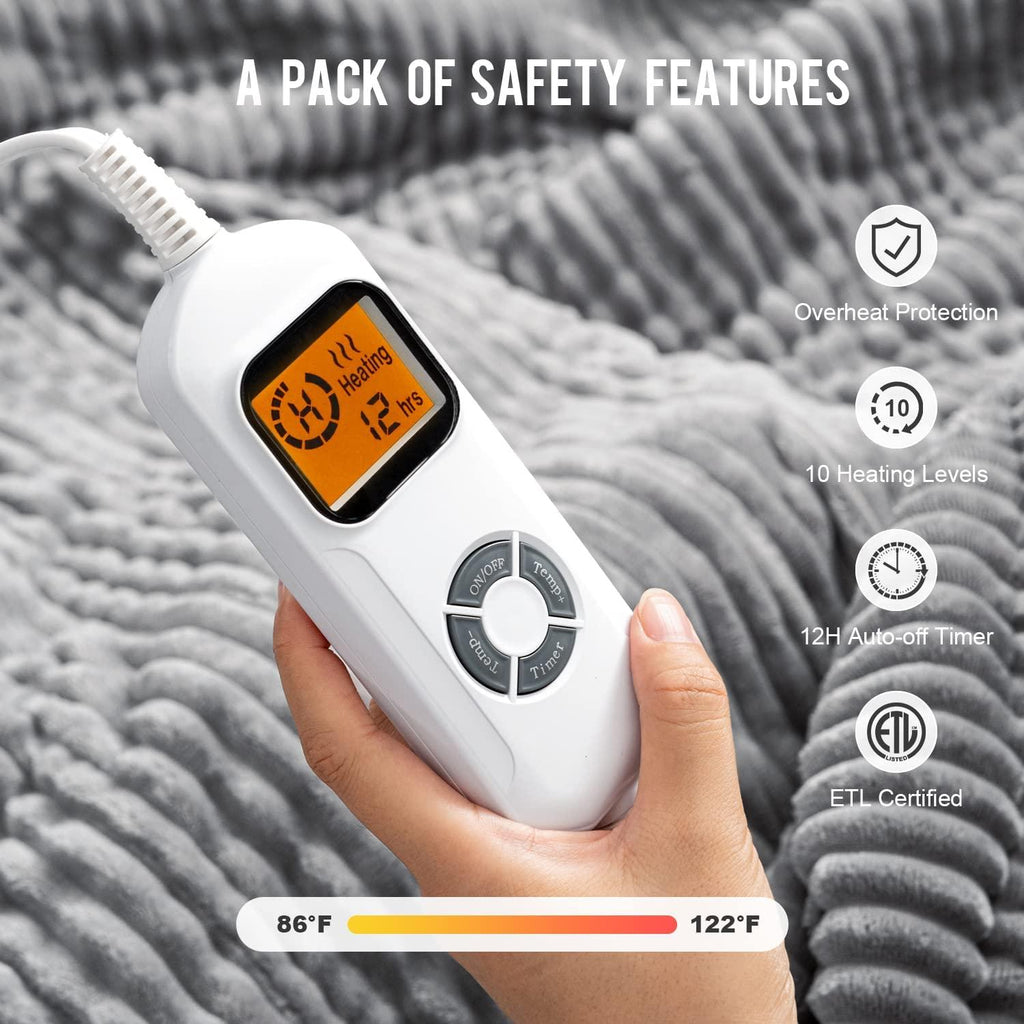 Electric Blanket Queen Size 84x90 inches,  Sherpa Heated Blanket Queen Size with 10 Heating Levels &amp; 12hrs Auto-Off Timer, Soft Warm Thick Ribbed Fleece Heating Blanket Dual Control, Grey