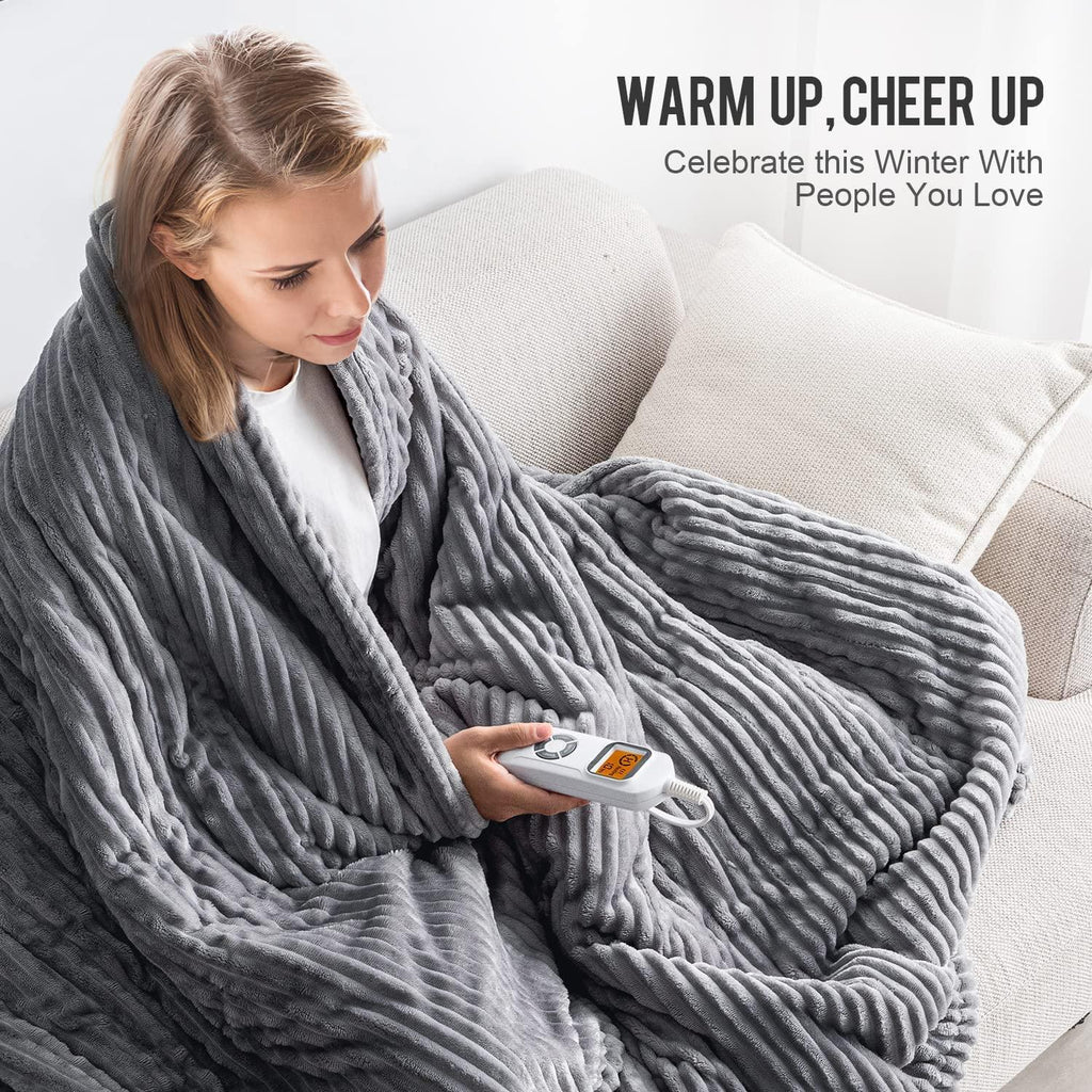 Electric Blanket Queen Size 84x90 inches,  Sherpa Heated Blanket Queen Size with 10 Heating Levels &amp; 12hrs Auto-Off Timer, Soft Warm Thick Ribbed Fleece Heating Blanket Dual Control, Grey