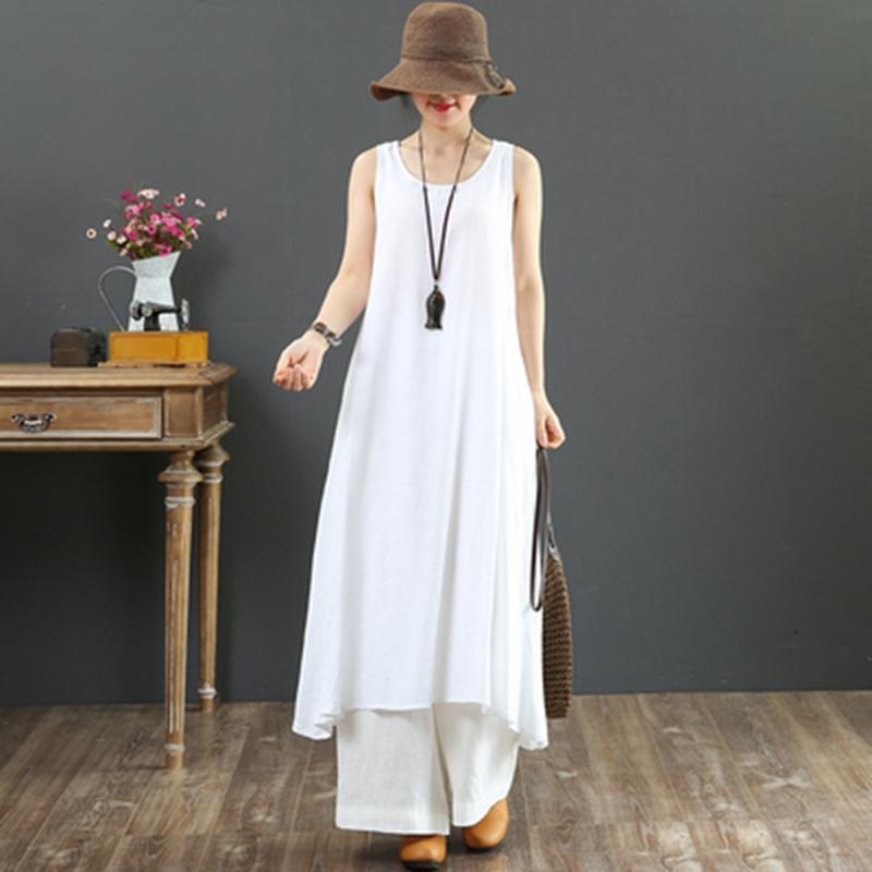 Babakud Summer Cotton Solid Color Loose Sleeveless Dress