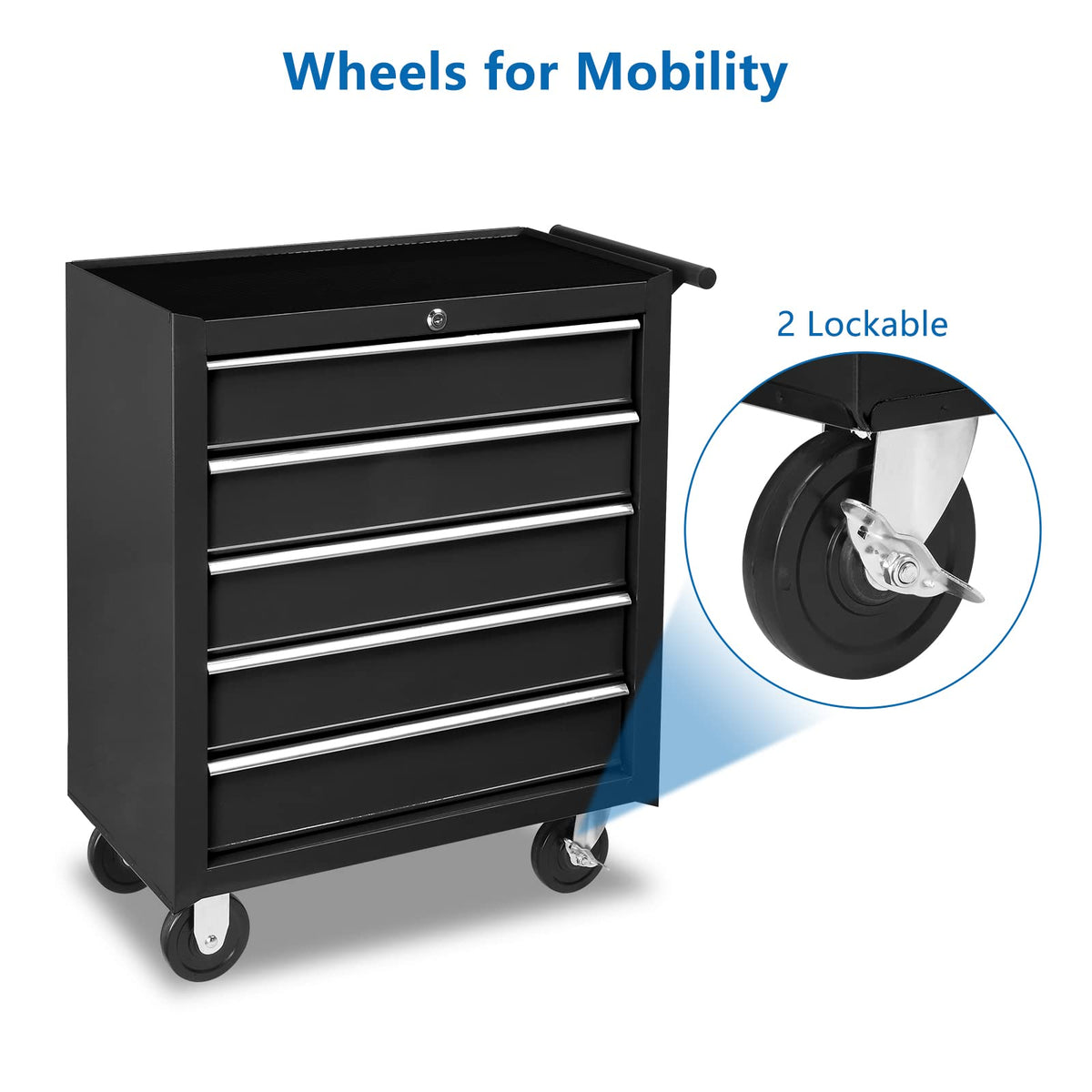 5-Drawer Rolling Tool Chest w/Drawers & Lock, Tool StoraCabinet with Lockable Wheels, Top Cushion & Drawer Liners, Tool Organizer Box for Garage, Warehouse & Repair Sho