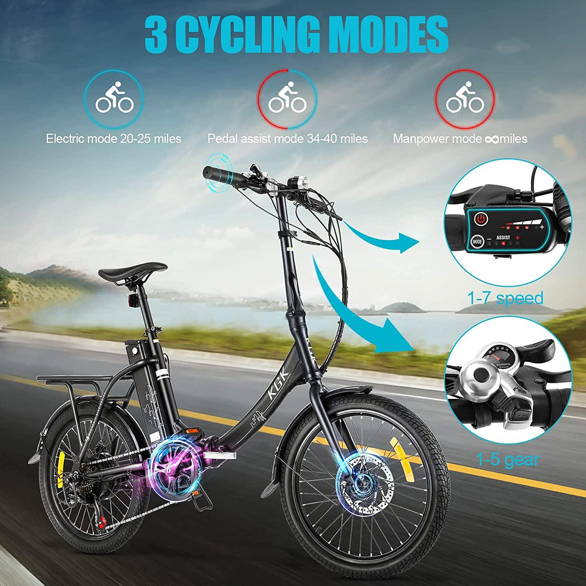 KGK 20" Folding Electric Bike for Adults Teens 20Mph 50Miles Electric Bicycle Commuter Bike for People Aged 14 to 75, Throttle &amp; Pedal Assist Adult Ebike,36V 10.4A Removable Battery, Full Suspension