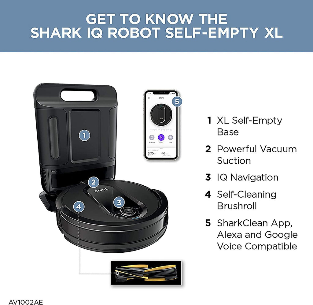 Shark IQ Robot Vacuum AV1002AE with XL Self-Empty Base, Self-Cleaning Brushroll, Advanced Navigation, Wi-Fi, Compatible with Alexa, 2nd Generation