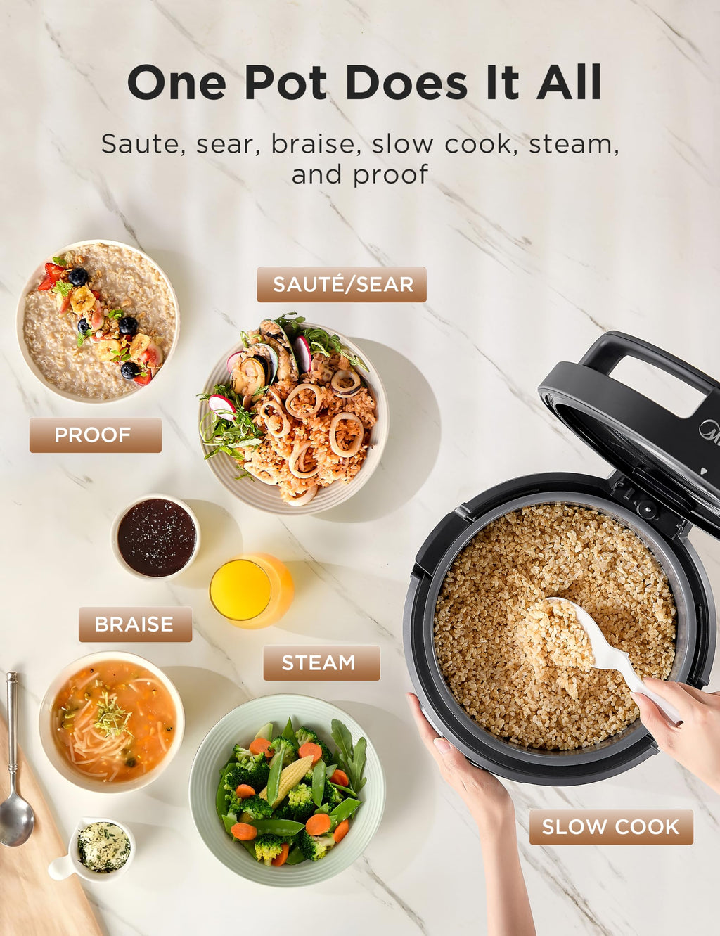 Rice Cooker for 8-Cups Uncooked Rice with 10 Multifunction CooPrograms Including Sauteing, Steaming, and Simmering, Features a Non-Stick Inner Pot with Handles and Glass Lid