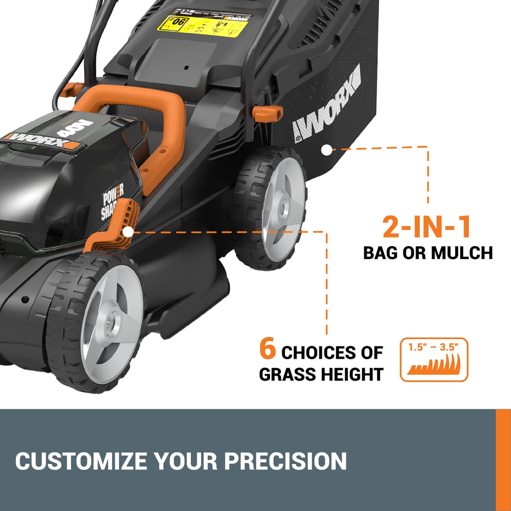 14" Cordless Lawn Mower, 2 in 1 Electric Mower Cuts Quietly, Compact &amp; Lightweight Push Lawn Mower with 6-Position Height Adjustment for Small Yards, 2 Batteries &amp; Charger Included, WG779