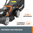 14" Cordless Lawn Mower, 2 in 1 Electric Mower Cuts Quietly, Compact &amp; Lightweight Push Lawn Mower with 6-Position Height Adjustment for Small Yards, 2 Batteries &amp; Charger Included, WG779