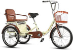 RSTJ-Sjef Foldable Tricycles for Adults with Back Seat and Shopping Basket, Single Speed 20In 3 Wheel Bike Three-Wheeled Bicycles Cruiser Trike for Man Woman,Yellow