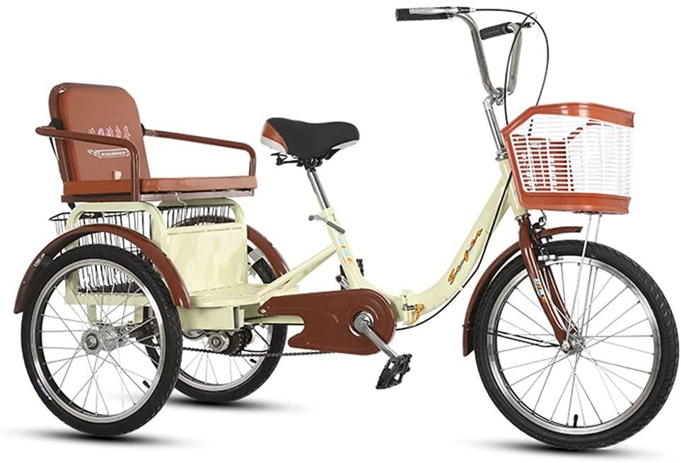 RSTJ-Sjef Foldable Tricycles for Adults with Back Seat and Shopping Basket, Single Speed 20In 3 Wheel Bike Three-Wheeled Bicycles Cruiser Trike for Man Woman,Yellow