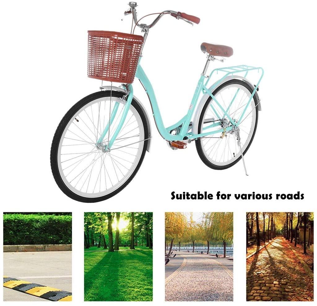 Tengma 26 Inch Women's Classic Beach Cruiser Bicycle Mountain Bike Frame Lady with Basket Retro Bicycle Beach Cruiser Bicycle Retro Bike,Seaside Travel Bicycle,Anti-Skid Wear-Resistant Tires