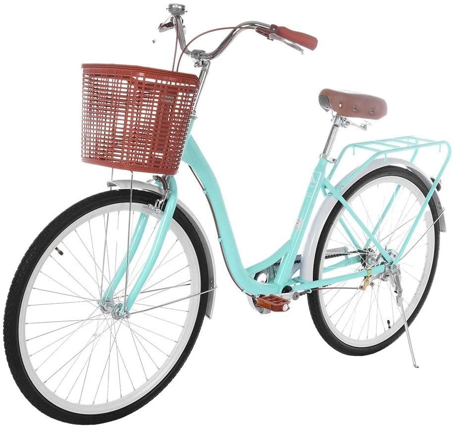 Women Bikes Beach Cruiser Bike 26in Classic Bicycle Retro Bicycle with Comfortable Seats and Baskets &amp; Back Seats Womens Bike Single Speed Bicycle Commuter Bicycle 【US Stock】