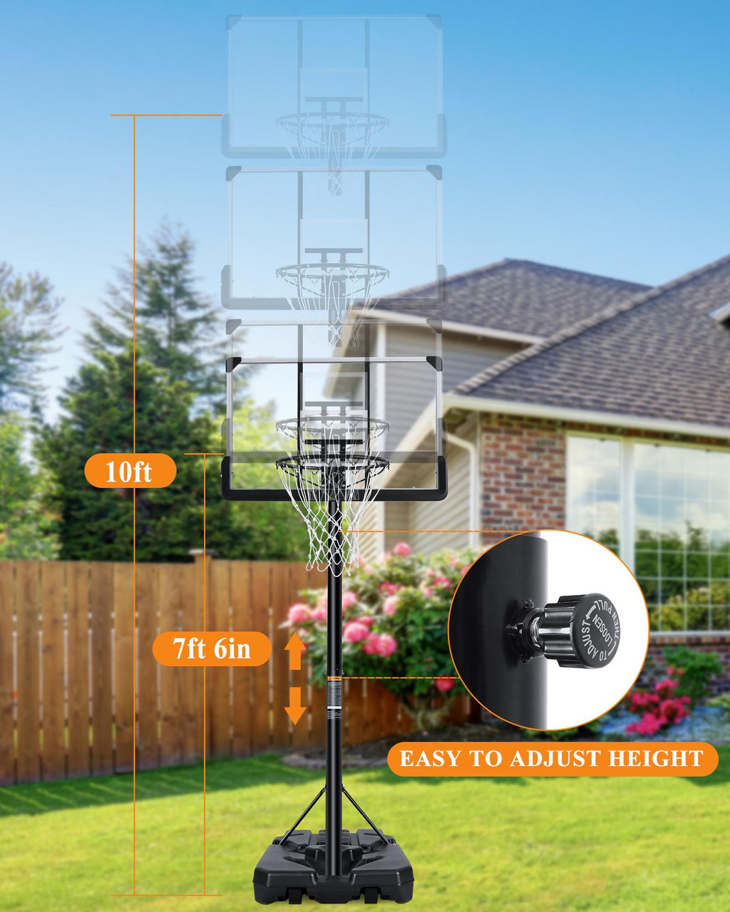 MaxKare Portable Basketball Hoop &amp; Goal Basketball System Basketball Equipment Height Adjustable 7ft 6in-10ft with 44 Inch Indoor Outdoor