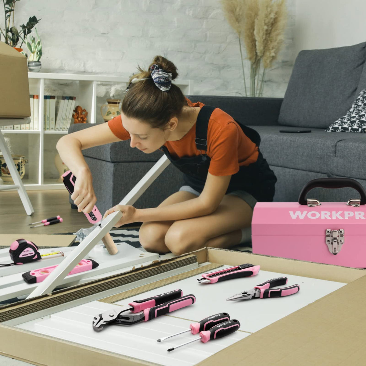 75-Piece Pink Tools Set, 3.7V Rotatable Cordless Screwdriver and Household Tool Kit, Basic Tool Set with 13'' Portable Steel Tool Box for Home, Garage, Apartment, Dorm, House - Pink Ribbon