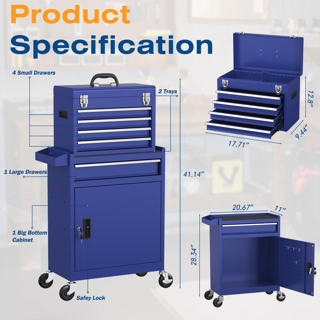 5-Drawers Tool Chest, 2-in-1 Rolling Tool Box with Wheels and Drawers, Detachable StoraToolbox with Lock, Heavy-Duty Metal Tool Cart for Garage, Workshop (Blue)