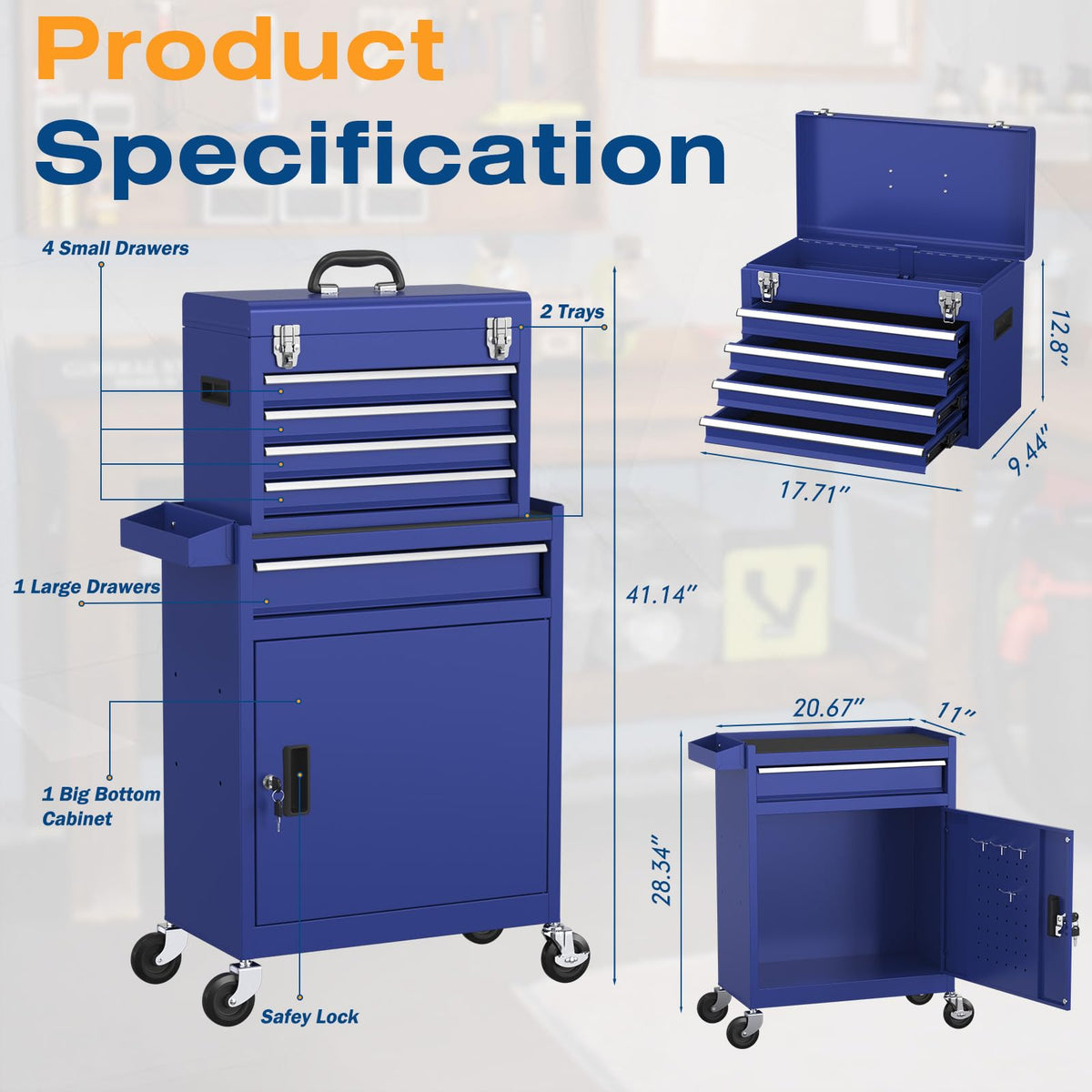 5-Drawers Tool Chest, 2-in-1 Rolling Tool Box with Wheels and Drawers, Detachable StoraToolbox with Lock, Heavy-Duty Metal Tool Cart for Garage, Workshop (Blue)