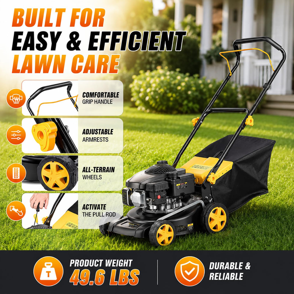 132CC Gas Lawn Mower 16-Inch with 45L Grass Bag and Height Adjustment | 4-stroke engine, 16-inch cutting width, 45L grass bag, 8-position height adjustment for small to medium yards