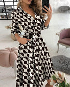 Geometric print color-blocking long-sleeved wrap dress