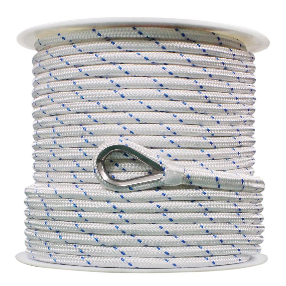 BoatTector 1/2 in. x 250 ft. Double Braid Nylon Anchor Line with Thimble in White with Blue Tracer