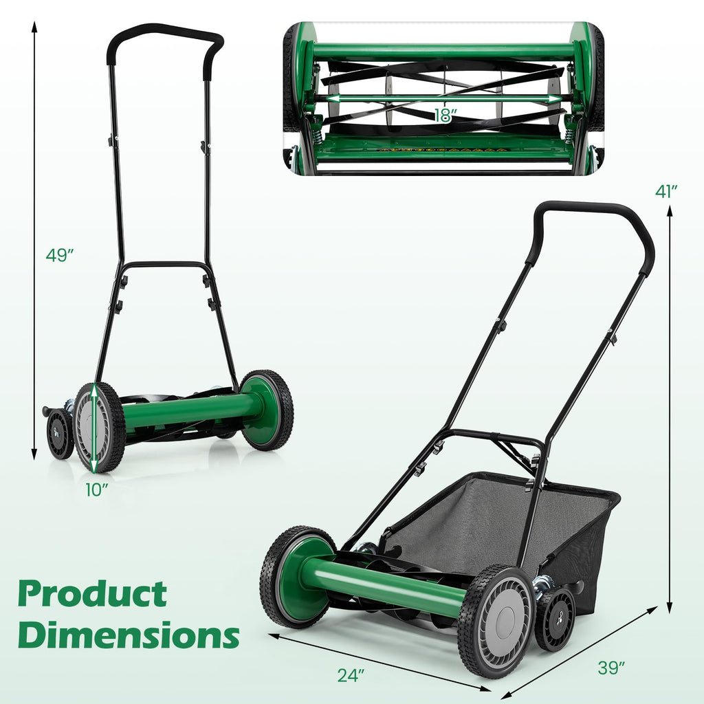 Push Reel Lawn Mower, Cordless 18" Manganese Steel Manual Grass Cutter with 5-Blade, Removable Grass Catcher, 9 Cutting Heights, Walk-Behind Lawn Mower for Garden Farm Yard (Green)