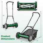 Push Reel Lawn Mower, Cordless 18" Manganese Steel Manual Grass Cutter with 5-Blade, Removable Grass Catcher, 9 Cutting Heights, Walk-Behind Lawn Mower for Garden Farm Yard (Green)