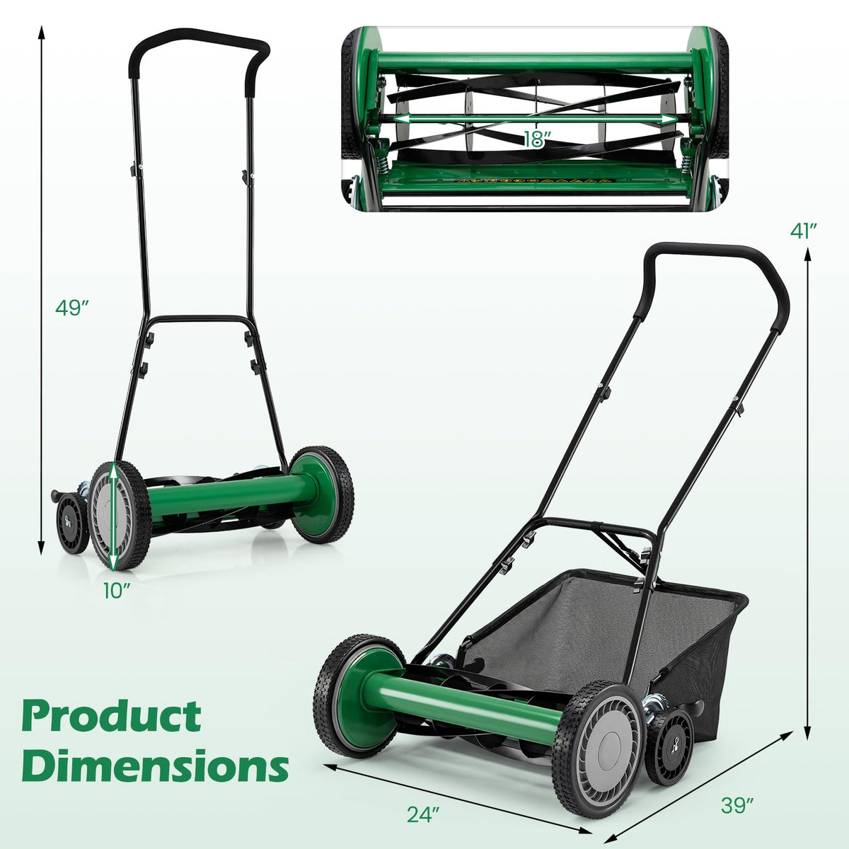 Push Reel Lawn Mower, Cordless 18" Manganese Steel Manual Grass Cutter with 5-Blade, Removable Grass Catcher, 9 Cutting Heights, Walk-Behind Lawn Mower for Garden Farm Yard (Green)