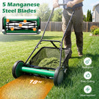 Push Reel Lawn Mower, Cordless 18" Manganese Steel Manual Grass Cutter with 5-Blade, Removable Grass Catcher, 9 Cutting Heights, Walk-Behind Lawn Mower for Garden Farm Yard (Green)