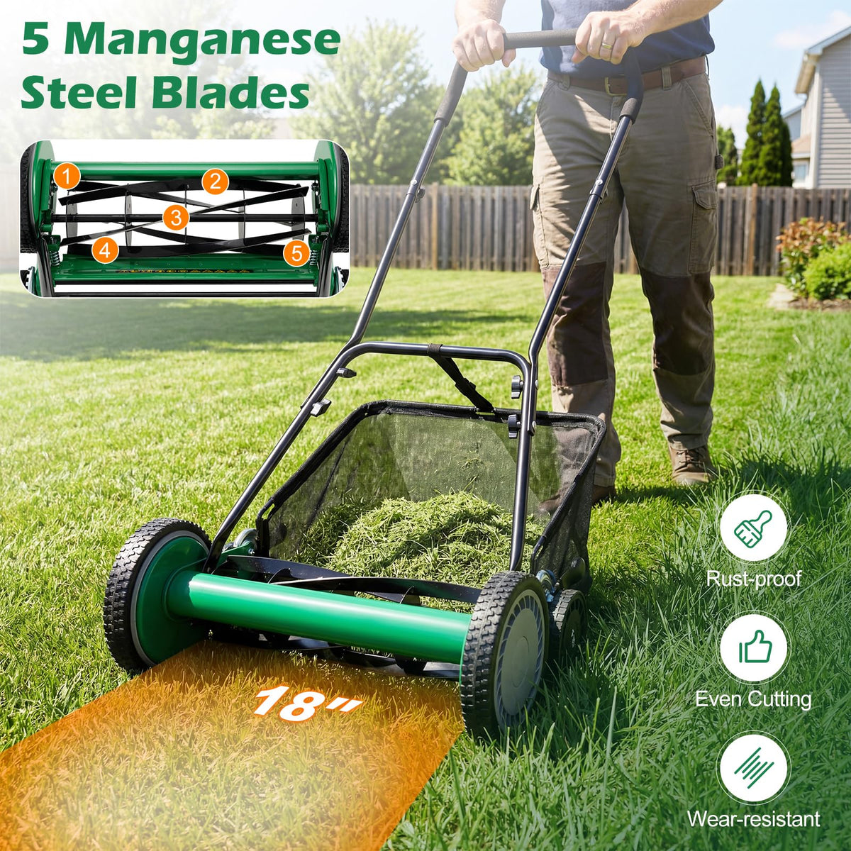 Push Reel Lawn Mower, Cordless 18" Manganese Steel Manual Grass Cutter with 5-Blade, Removable Grass Catcher, 9 Cutting Heights, Walk-Behind Lawn Mower for Garden Farm Yard (Green)