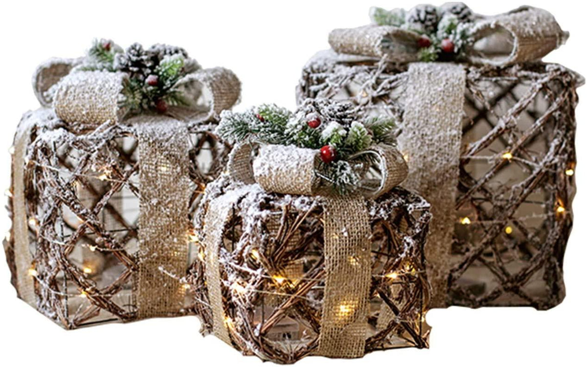 XXJF 3pc Lighted Tinsel Boxes Presents Christmas Outdoor Decor for Christmas Weddings Party Yard Home Holiday Art Decorations (White and Silver)