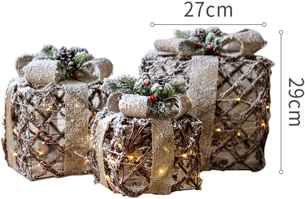 XXJF 3pc Lighted Tinsel Boxes Presents Christmas Outdoor Decor for Christmas Weddings Party Yard Home Holiday Art Decorations (White and Silver)