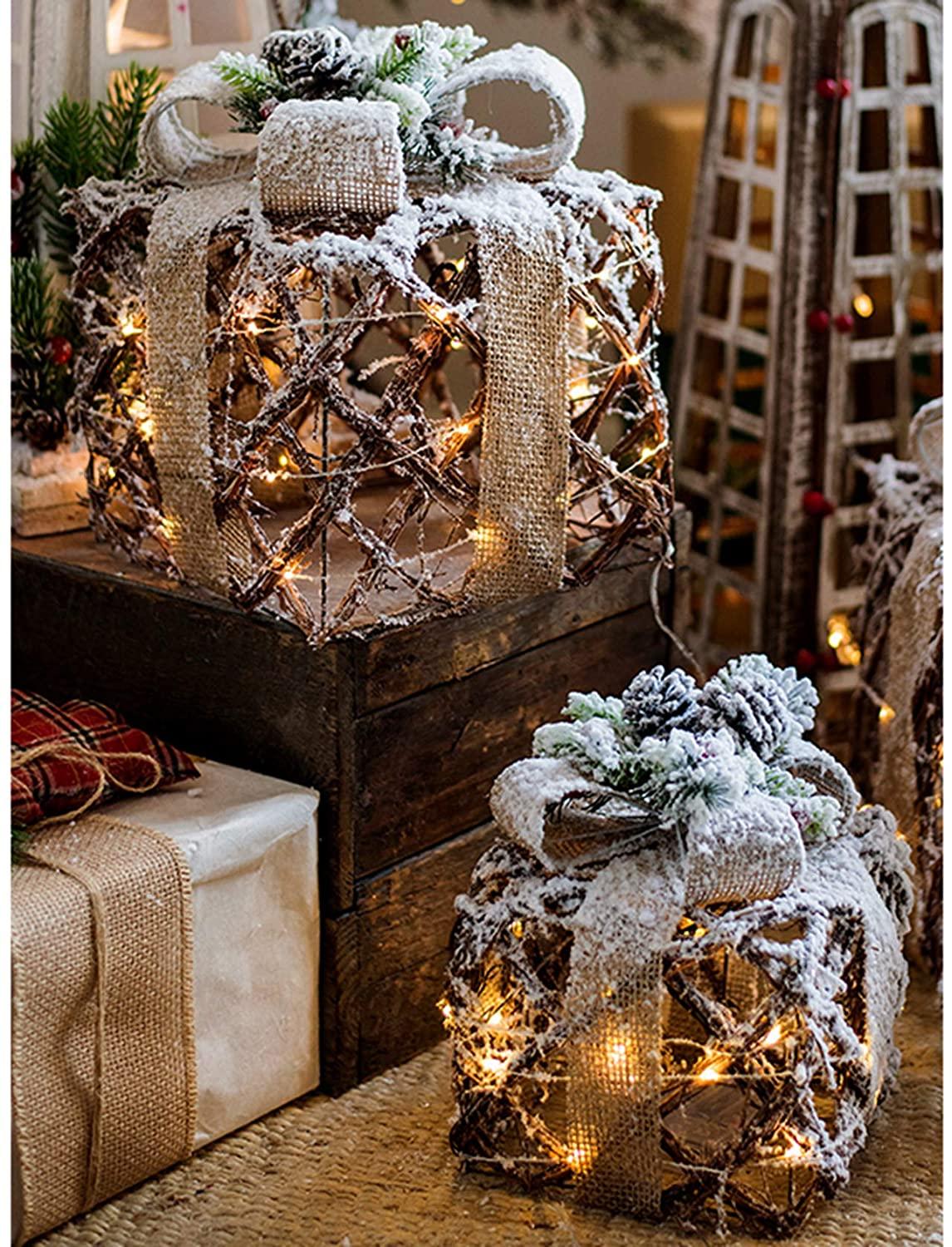 XXJF 3pc Lighted Tinsel Boxes Presents Christmas Outdoor Decor for Christmas Weddings Party Yard Home Holiday Art Decorations (White and Silver)