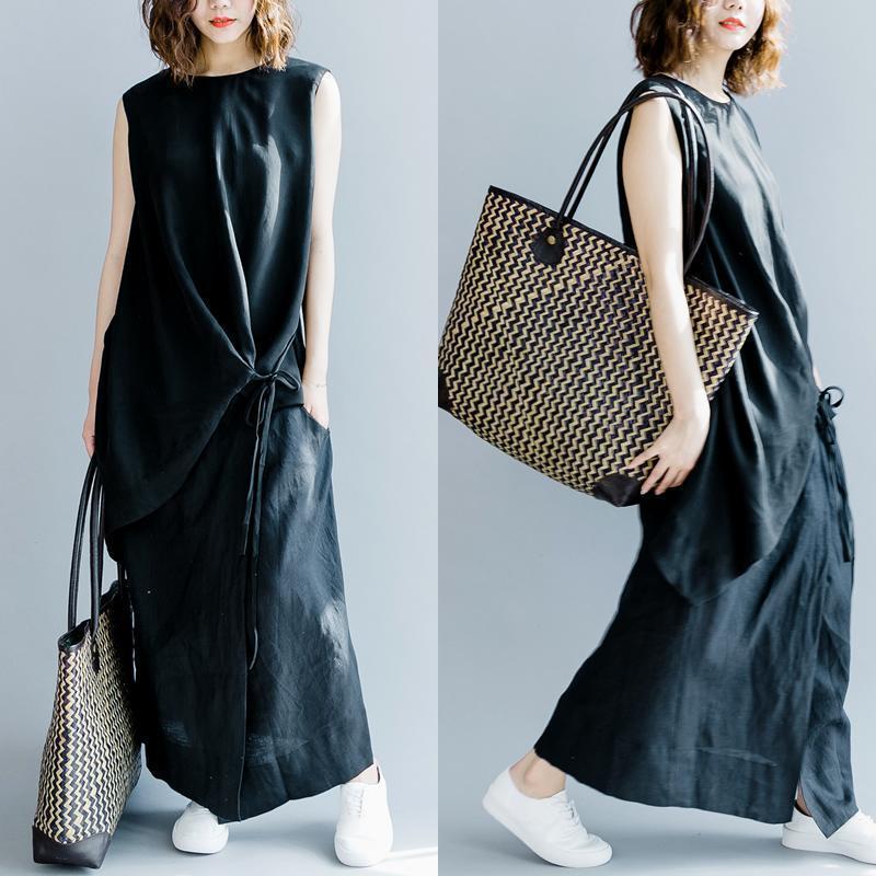 Babakud Side Strap Black Sleeveless Cotton Linen Art Design Dress