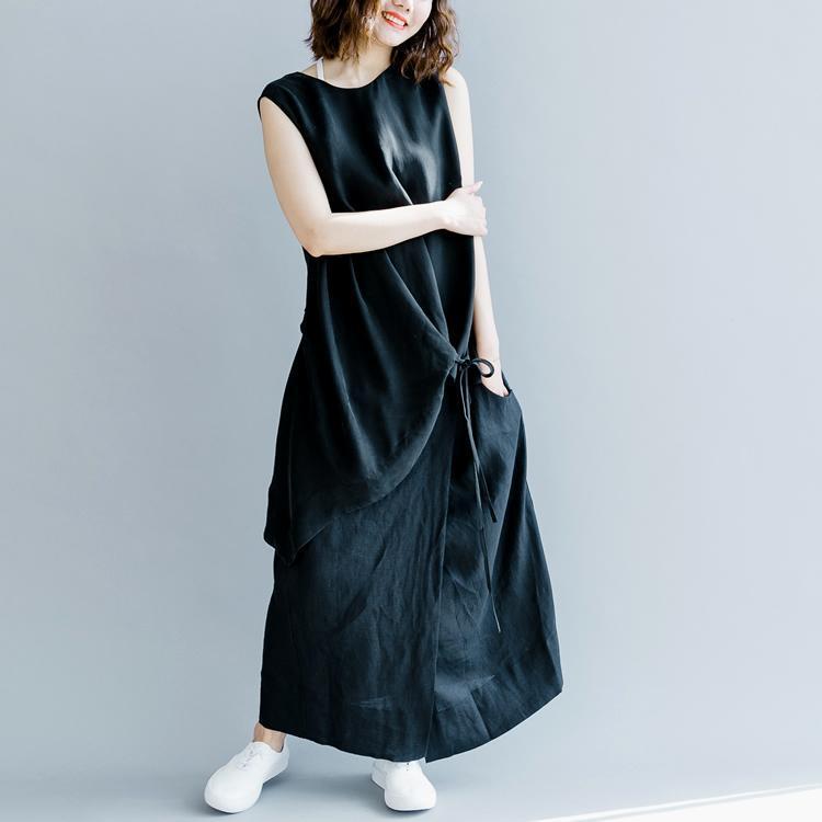Babakud Side Strap Black Sleeveless Cotton Linen Art Design Dress