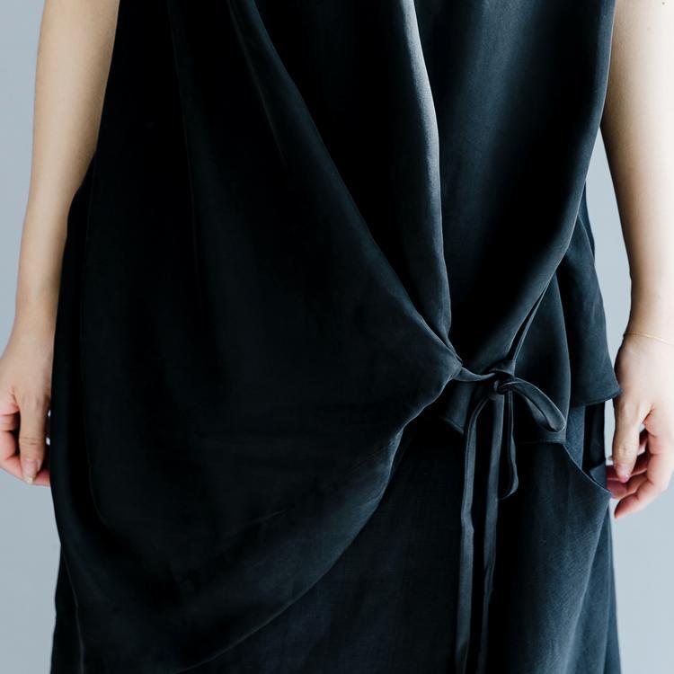 Babakud Side Strap Black Sleeveless Cotton Linen Art Design Dress