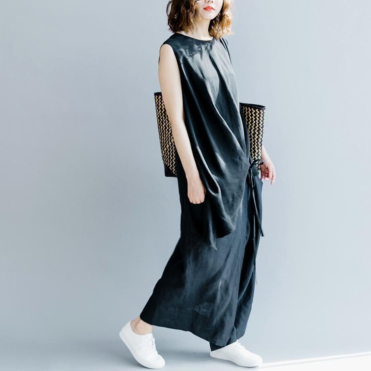 Babakud Side Strap Black Sleeveless Cotton Linen Art Design Dress