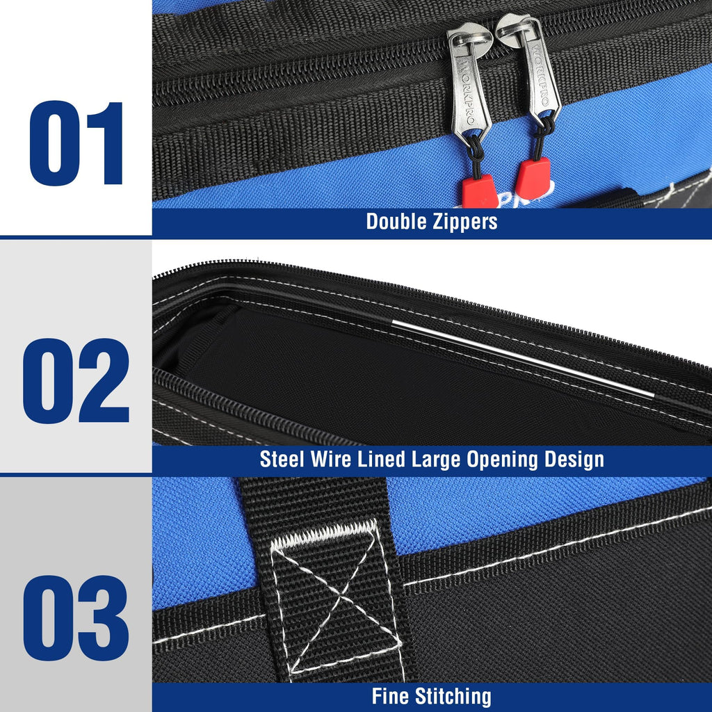 16-inch Wide Mouth Tool Bag with Water Proof Molded Base | Multi-Pocket, Heavy Duty Cloth, Adjustable Shoulder Strap, Double-pull Zipper, For Workshops, Outdoor Projects