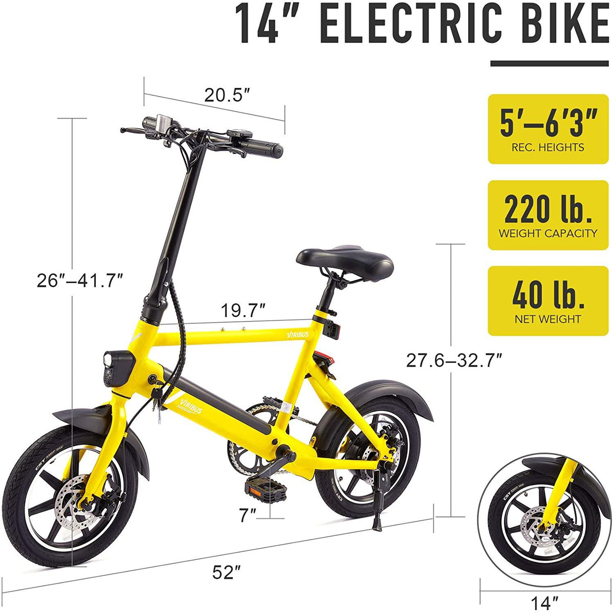 Viribus 14" Electric Bike with Folding Pedals and Handlebar | Cruiser Road Bicycle with 250W Brushless Motor &amp; Adjustable Seat | 6Ah eBike with Aluminum Frame | Adult Road Bike for Men &amp; Women