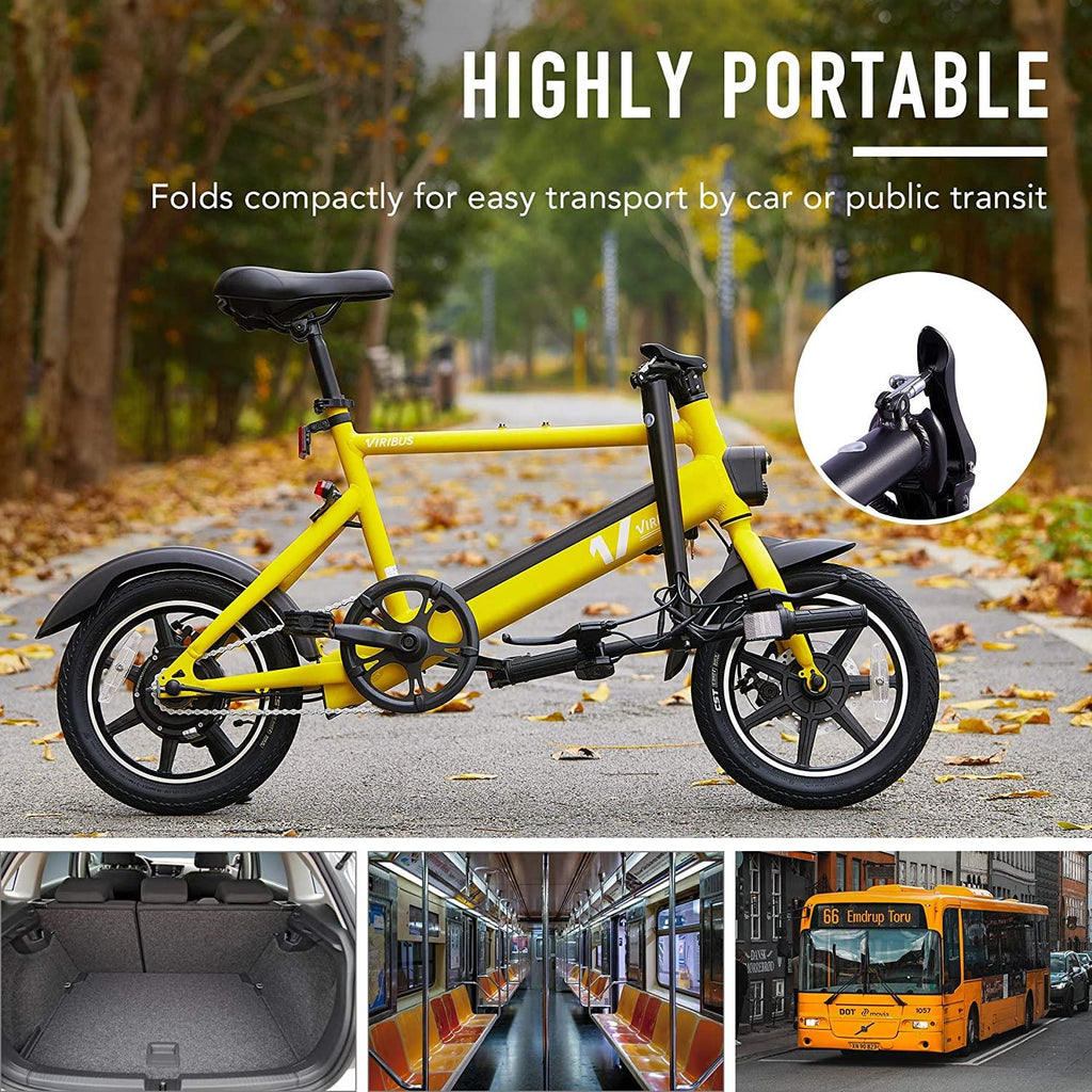 Viribus 14" Electric Bike with Folding Pedals and Handlebar | Cruiser Road Bicycle with 250W Brushless Motor &amp; Adjustable Seat | 6Ah eBike with Aluminum Frame | Adult Road Bike for Men &amp; Women