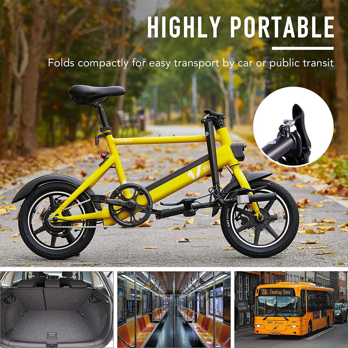 Viribus 14" Electric Bike with Folding Pedals and Handlebar | Cruiser Road Bicycle with 250W Brushless Motor &amp; Adjustable Seat | 6Ah eBike with Aluminum Frame | Adult Road Bike for Men &amp; Women