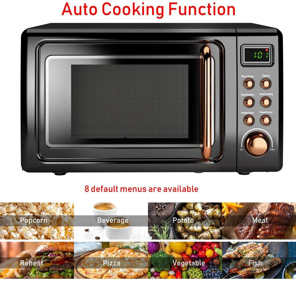 Retro Countertop Microwave Oven, 0.7Cu.ft, 700-Watt, Cold Rolled Steel Plate, 5 Micro Power, Delayed Start Function, with Glass Turntable & Viewing Window, LED Display, Child Lock (Gold)