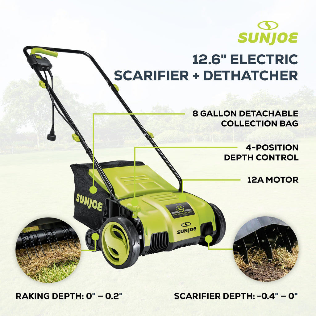 Corded Electric Lawn Dethatcher and Scarifier, 12-Amp, 12.6-Inch Cutting Width - Heavy-Duty Yard Trimmer and Mower Machine for Gardening Care and Maintenance, AJ798E