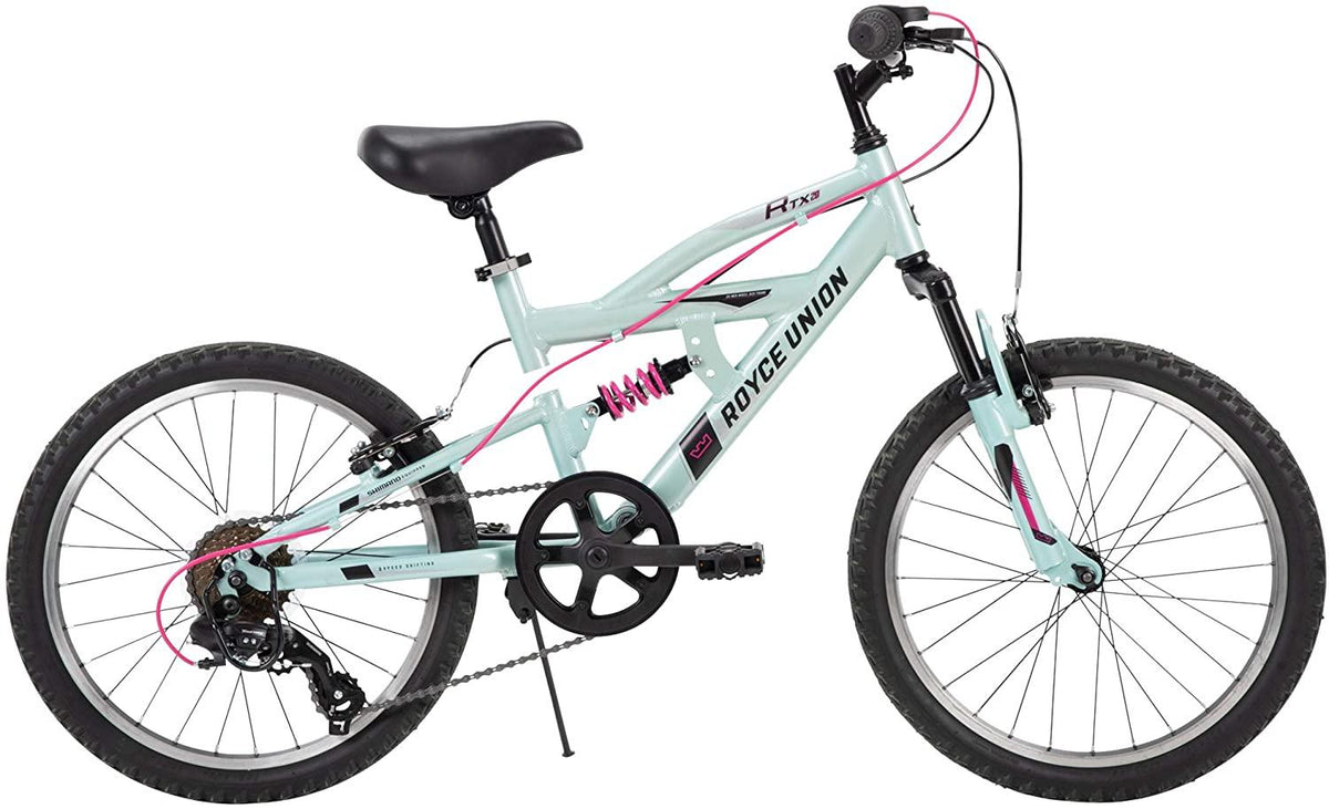 Royce Union Kids Aluminum Mountain Bike, Girls, Dual Suspension, 6-Speed 20inch, RTX, Ice Blue