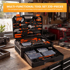330-Piece Complete Tool Box Set, Durable Homeowners Tool Kit with Pull-Out Drawer, Versatile Home Repair Kit for Auto & Household, DIY Projects, Black-Yellow