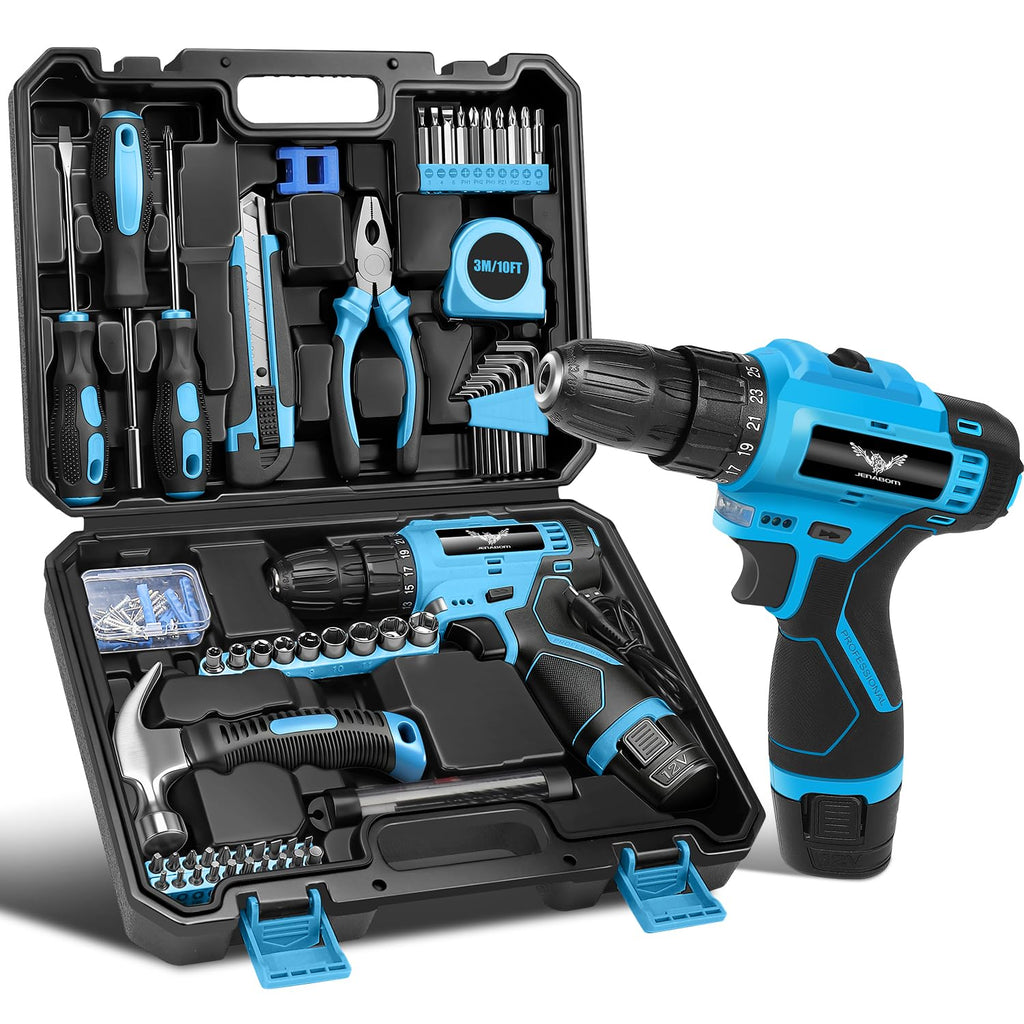 146-Piece Home Tool Set with 12V Blue Cordless Drill | With Portable Toolbox, Hand Tools for Home Repair, DIY Projects & Daily Use, Gift for Women & Men