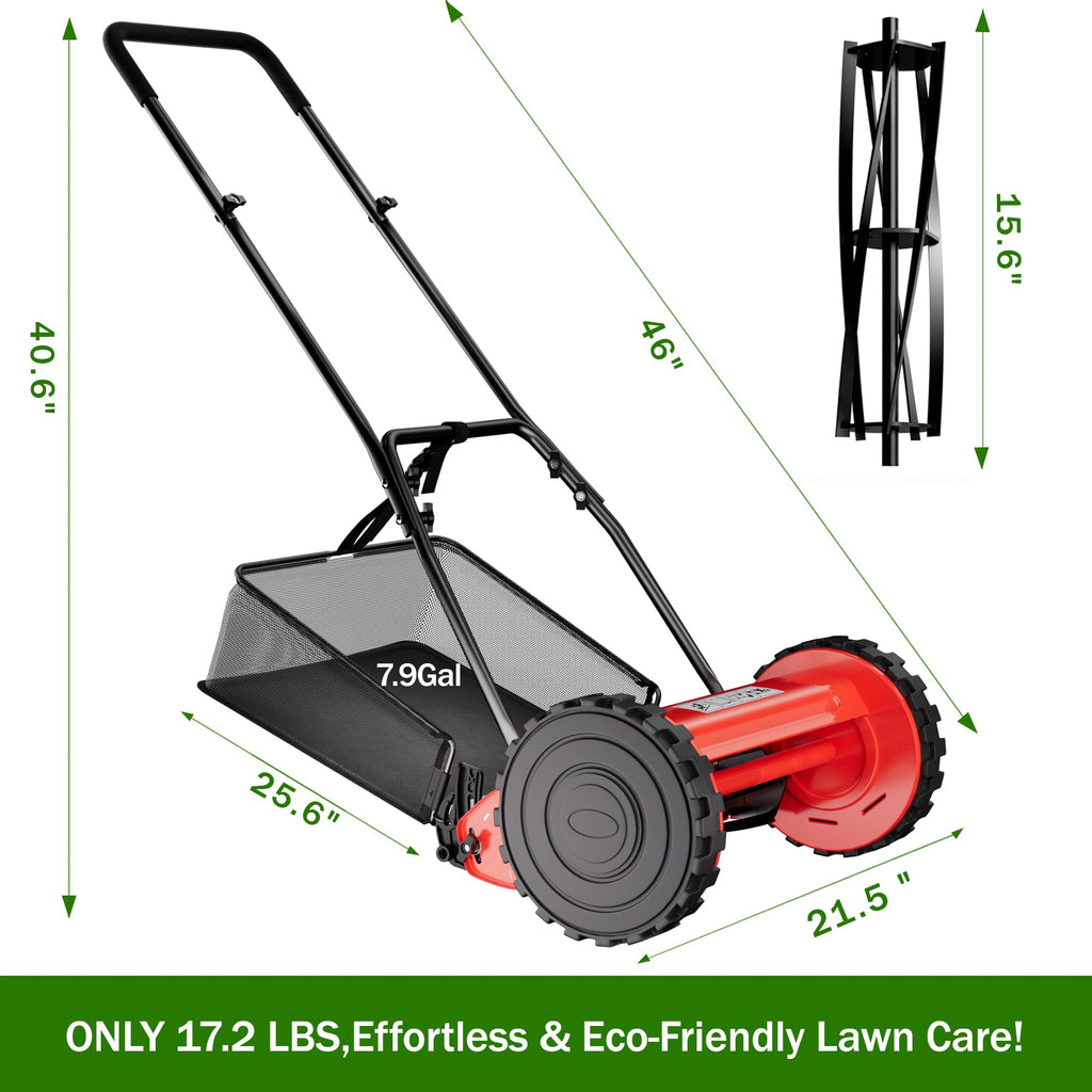 16-Inch Cordless Push Reel Lawn Mower, 5-Blade Walk-Behind Manual Grass Cutter with Steel Frame, Adjustable Cutting Height, Soft Grip Handle &amp; 7.9-Gallon Grass Catcher