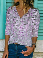 Casual Floral Print V-Neck Long Sleeve T-Shirt