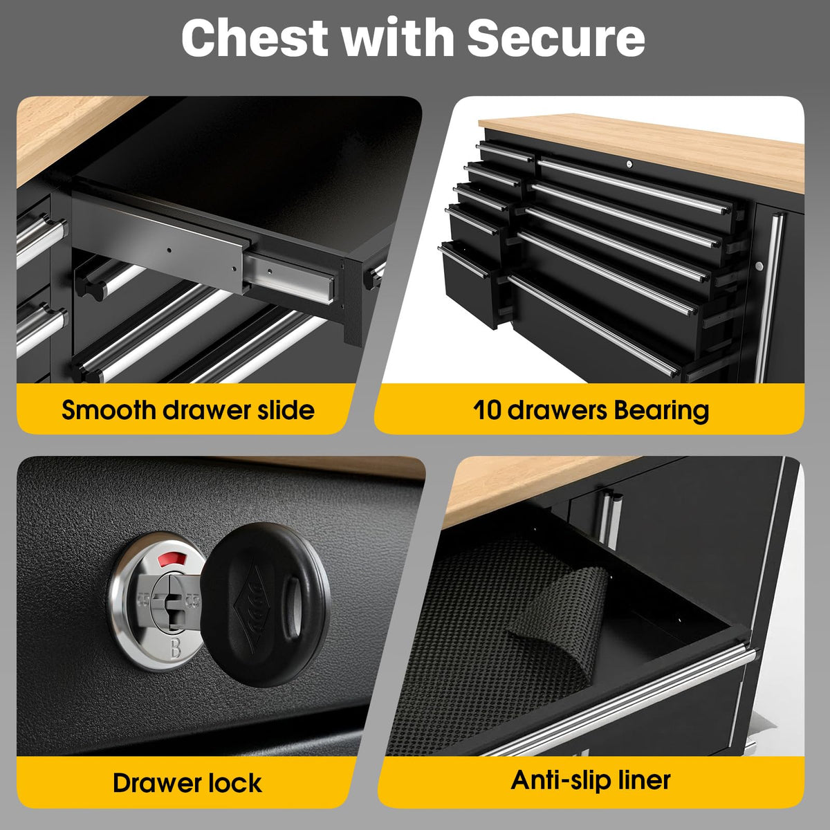 72" Rolling Tool Chest, Heavy-Duty Tool Box with Power Outlet, Tool Cabinet with 10 Drawers, Rubber Workbench with Key LocSystem Drawer Liners for GaraWarehouse Repair Shop