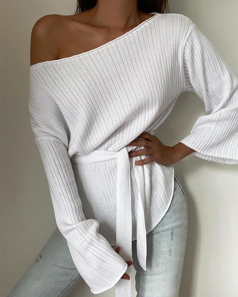 solid flared sleeves ribbed knit belted top