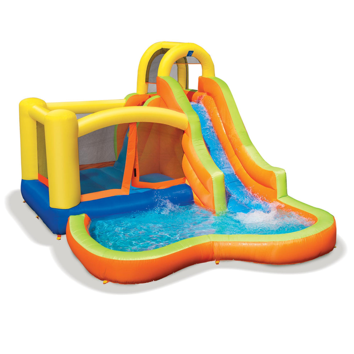 Banzai Sun 'N Splash Fun 12' x 9' x 7' Kids Inflatable Outdoor Backyard Bounce House and Water Slide Splash Park Toy w/ Bouncer,