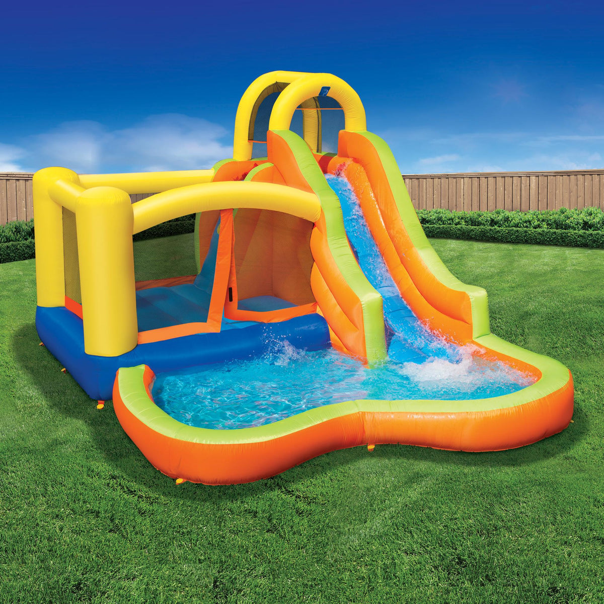 Banzai Sun 'N Splash Fun 12' x 9' x 7' Kids Inflatable Outdoor Backyard Bounce House and Water Slide Splash Park Toy w/ Bouncer,